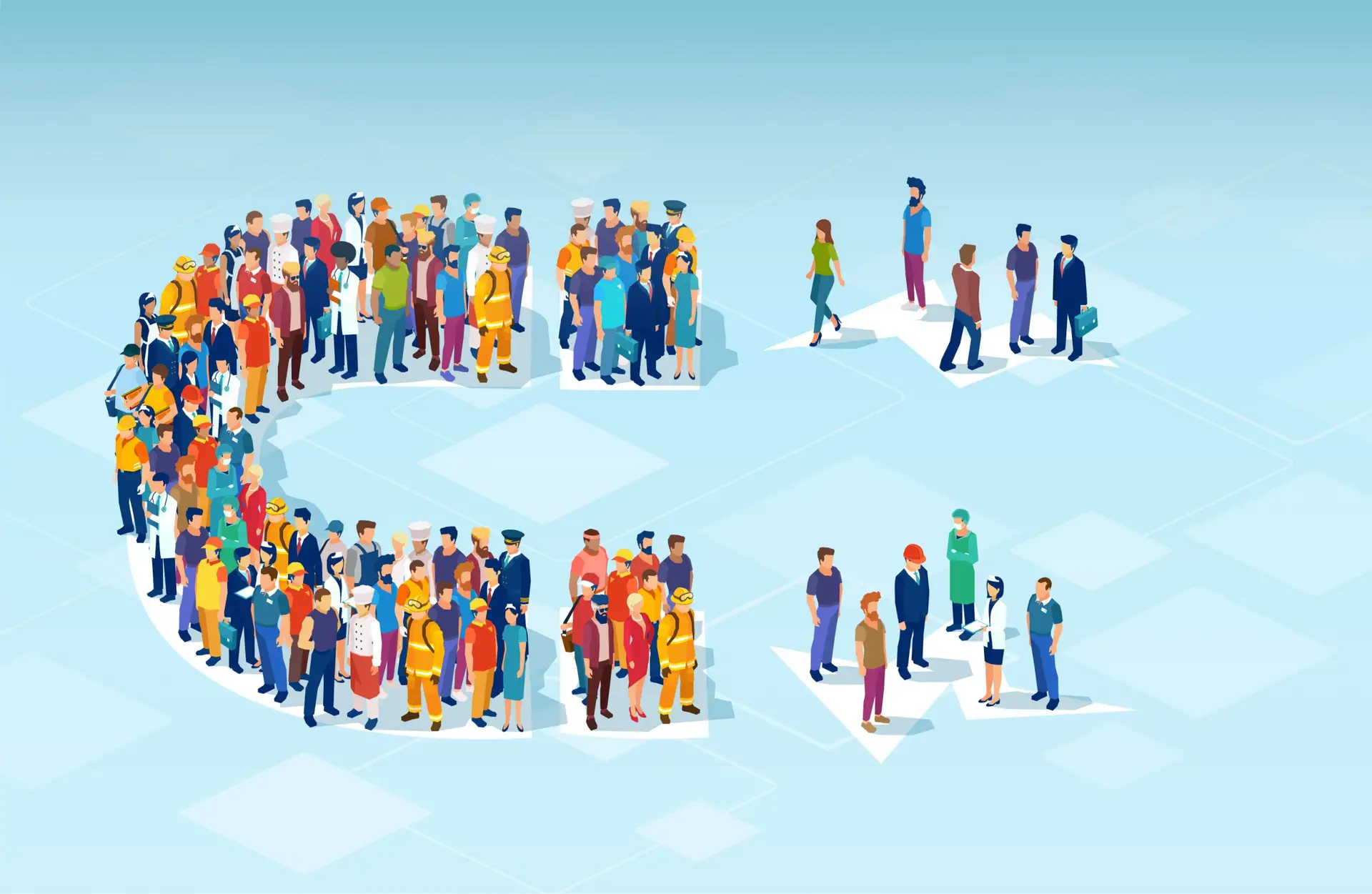 An illustration of diverse people forming the letters SEO against a light blue, abstract background. The crowd, drawn from various professions and attires, symbolizes collaboration and diversity in a polarized society.