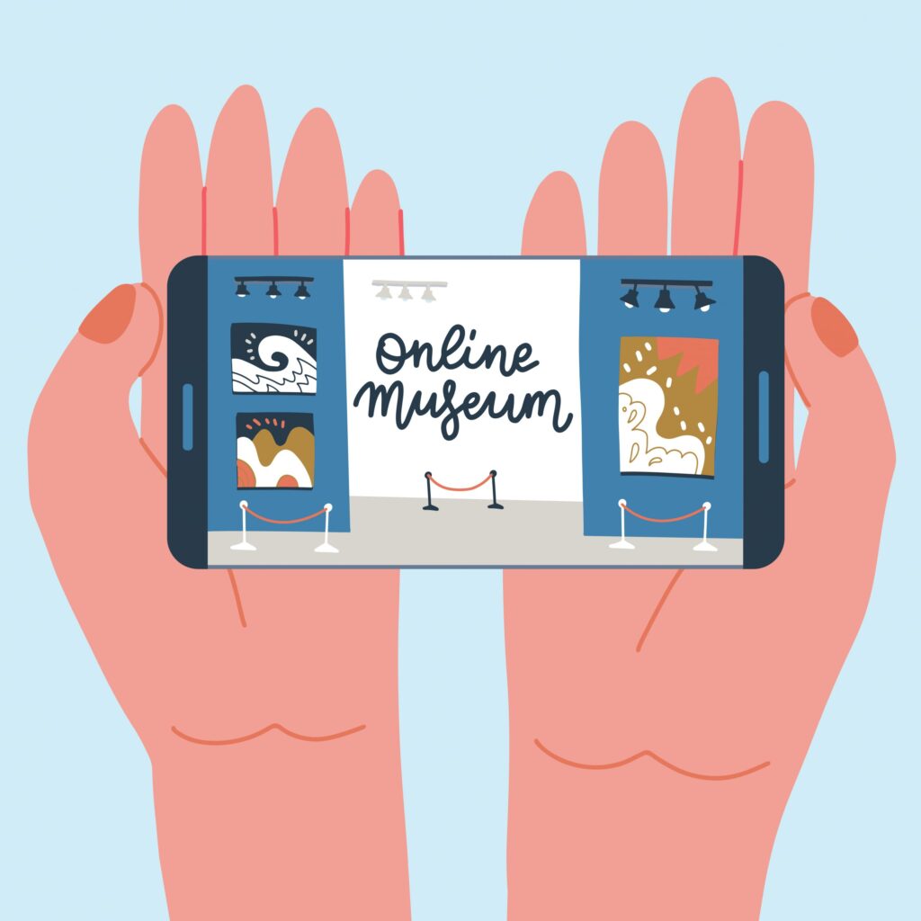 Illustration of two hands holding a smartphone displaying the Top 5 Virtual Museum Tours. The screen shows artwork and the text "Online Museum," with two framed paintings under spotlights and a barrier rope in the middle.