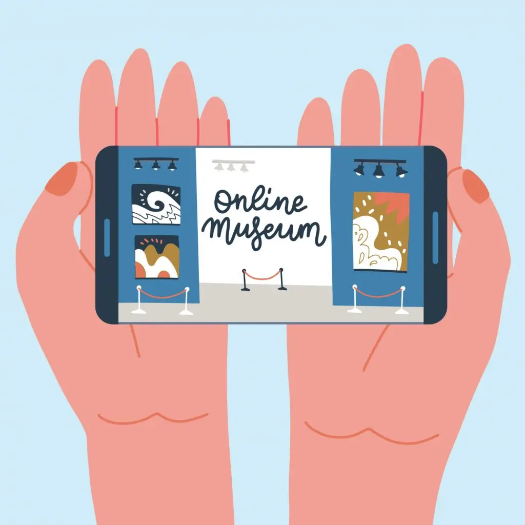 Illustration of two hands holding a smartphone displaying the Top 5 Virtual Museum Tours. The screen shows artwork and the text "Online Museum," with two framed paintings under spotlights and a barrier rope in the middle.