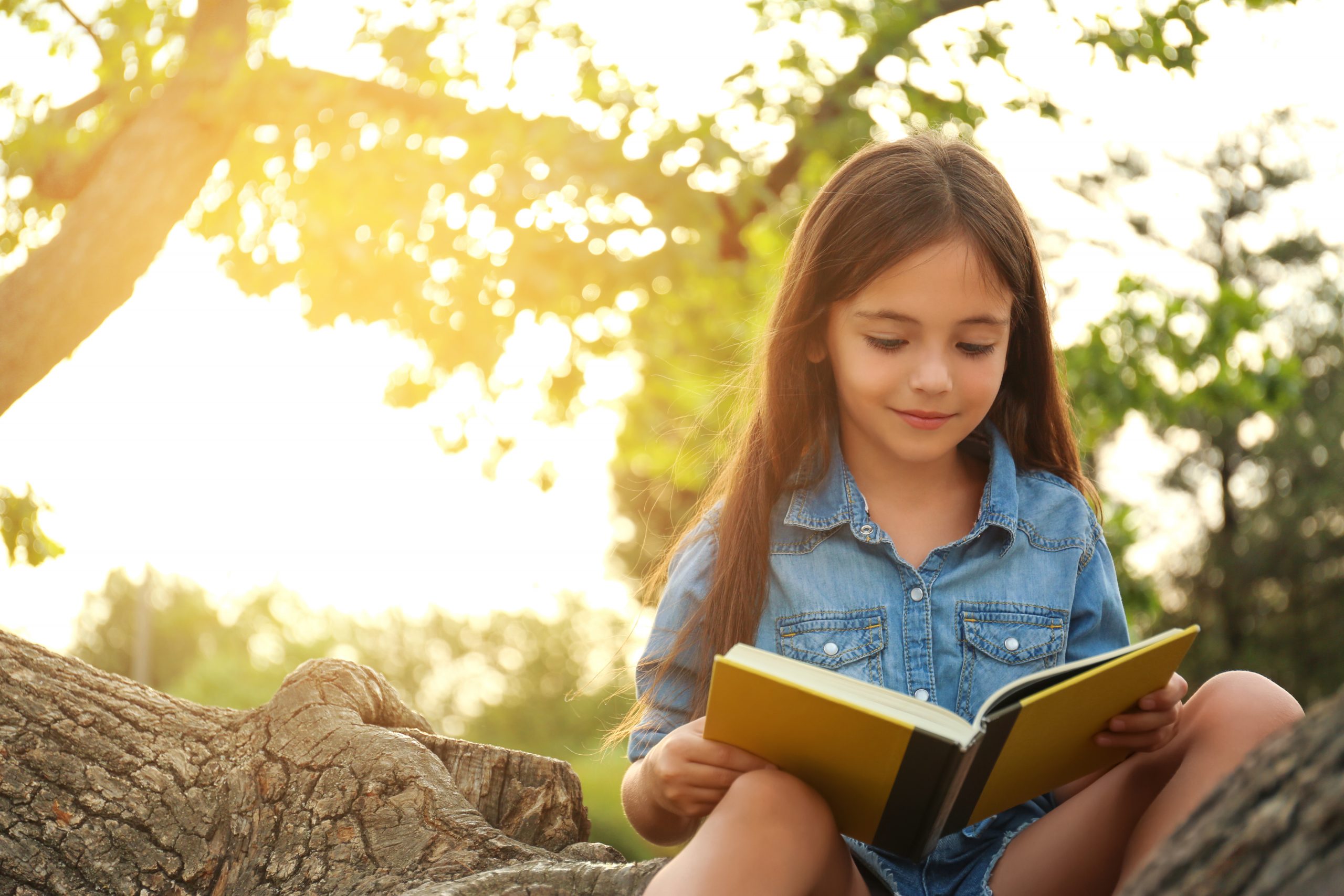 A young girl in a denim shirt sits on a tree branch, reading a yellow book. Amidst the sunlit, leafy serenity, one can't help but wonder—read a good book lately? Here’s what we’re reading as inspiration shines through this tranquil setting.