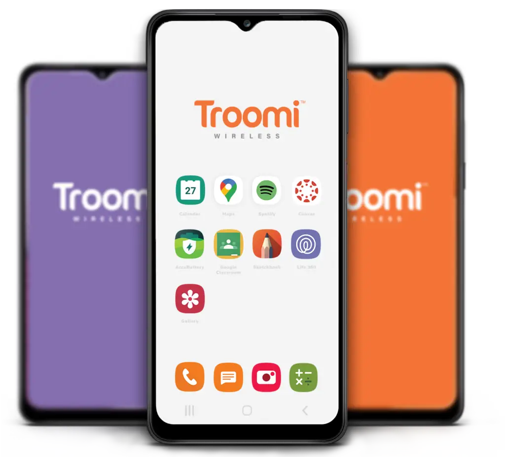 A smartphone proudly showcases the Troomi Wireless home screen with various app icons, hinting at why you should switch. In the background, two blurred phones—one in purple and another in orange—both flaunt the vibrant Troomi logo, making a compelling case for change.