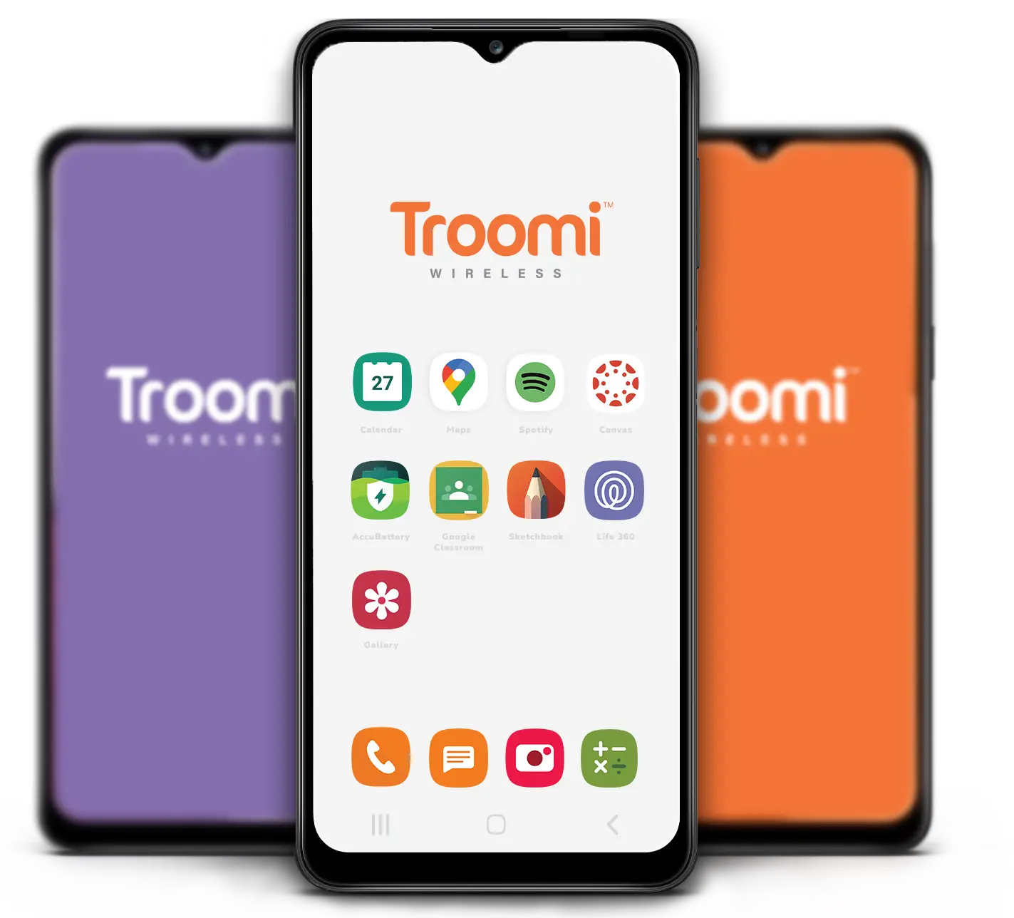 A smartphone proudly showcases the Troomi Wireless home screen with various app icons, hinting at why you should switch. In the background, two blurred phones—one in purple and another in orange—both flaunt the vibrant Troomi logo, making a compelling case for change.