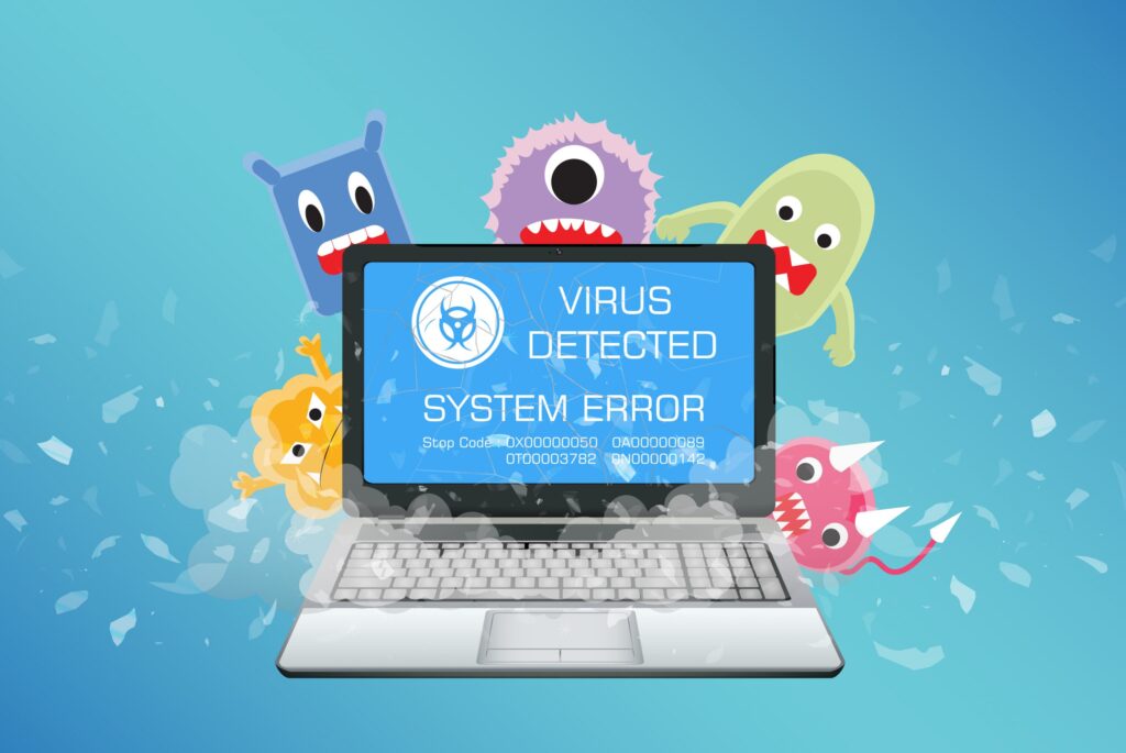 A laptop with a cracked screen displays a Virus Detected System Error message. Colorful cartoon viruses in various expressions and shapes, reminiscent of different types of malware, hover around the laptop against a blue background, illustrating how to detect them.