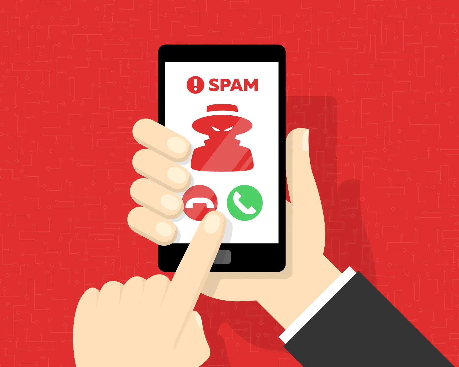 Illustration of a person holding a smartphone with an incoming spam call, perfect for teaching everything your kids need to know about SPAM. The screen displays a red silhouette of a suspicious figure and the word SPAM, with options to answer or decline against a red digital background.