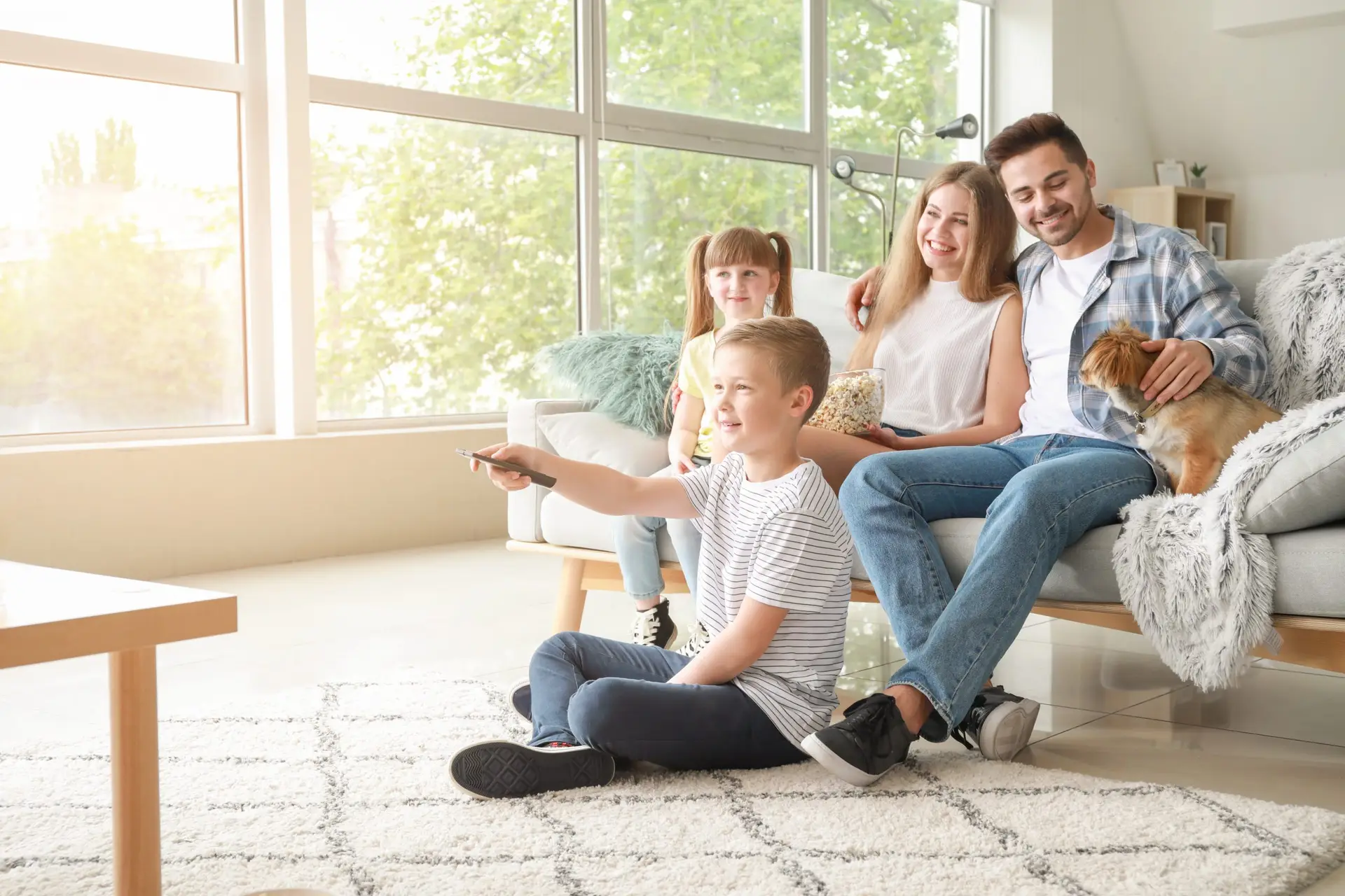 A family of four, with a young boy and girl, sits on a living room rug and sofa. The boy holds a remote, while the father has a dog on his lap. A large window reveals green trees outside, enhancing the bright and cheerful atmosphere. They prioritize gun safety at home for their children's well-being.