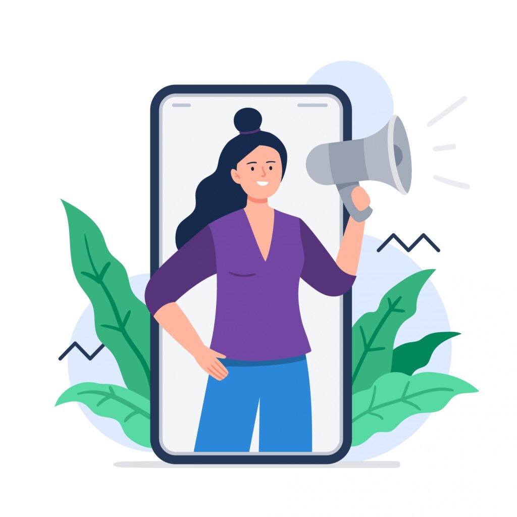 Illustration of a woman with long dark hair standing inside a large smartphone screen, holding a megaphone. She wears a purple top and blue pants, ready to share Troomi with friends using your referral code! Green leaves and abstract shapes adorn the background.