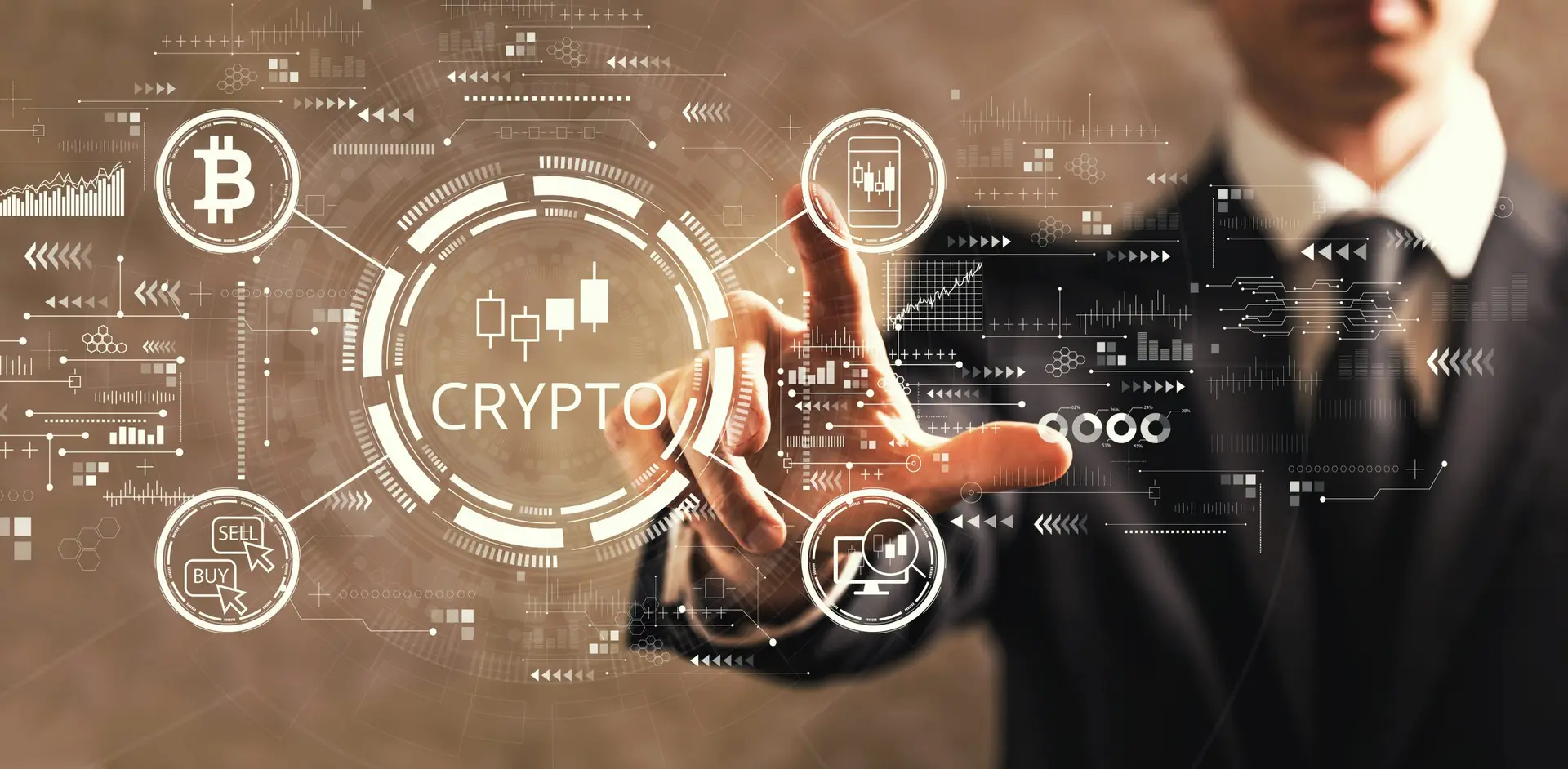 A person in a suit interacts with a virtual interface featuring cryptocurrency symbols, pondering, "Is Cryptocurrency a Scheme?" A circular graphic labeled CRYPTO is at the center, surrounded by icons of Bitcoin, a lock, and charts on a digital background.