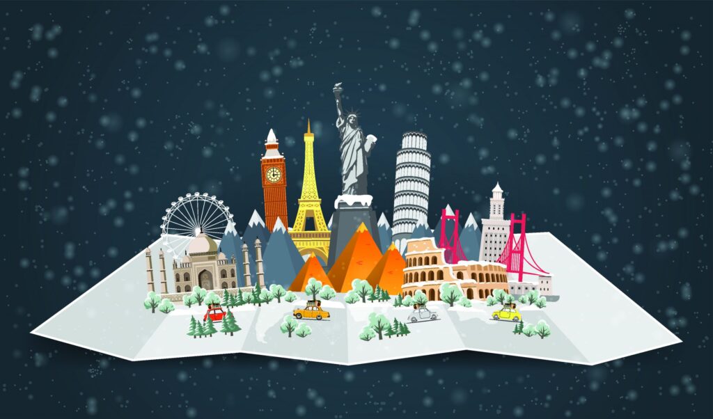 An illustrated map pops up with famous landmarks, including the Eiffel Tower, Big Ben, Statue of Liberty, and Leaning Tower of Pisa. It's a festive scene celebrating holidays around the world, surrounded by mountains and trees under a night sky with snowflakes.