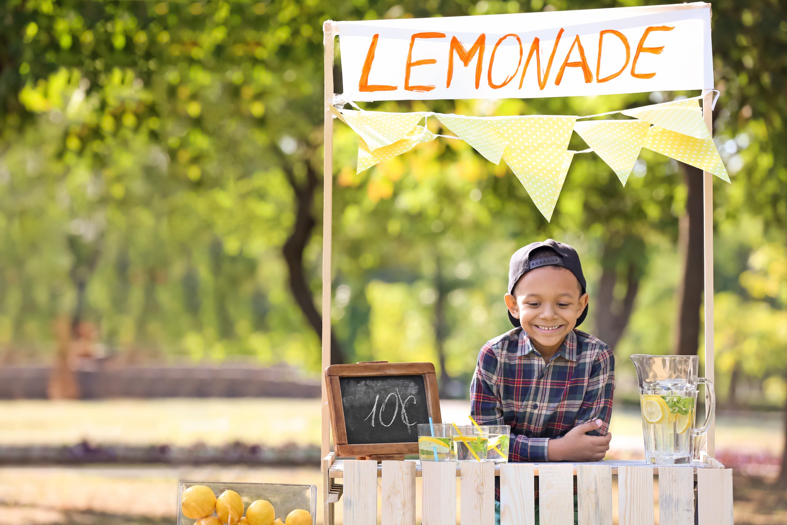 A young boy in a plaid shirt and backward cap smiles at his lemonade stand in the park. The budding entrepreneur showcases one of the best business ideas for kids, with yellow bunting and a chalkboard sign displaying "Lemonade 10¢" next to a glass pitcher on the counter.