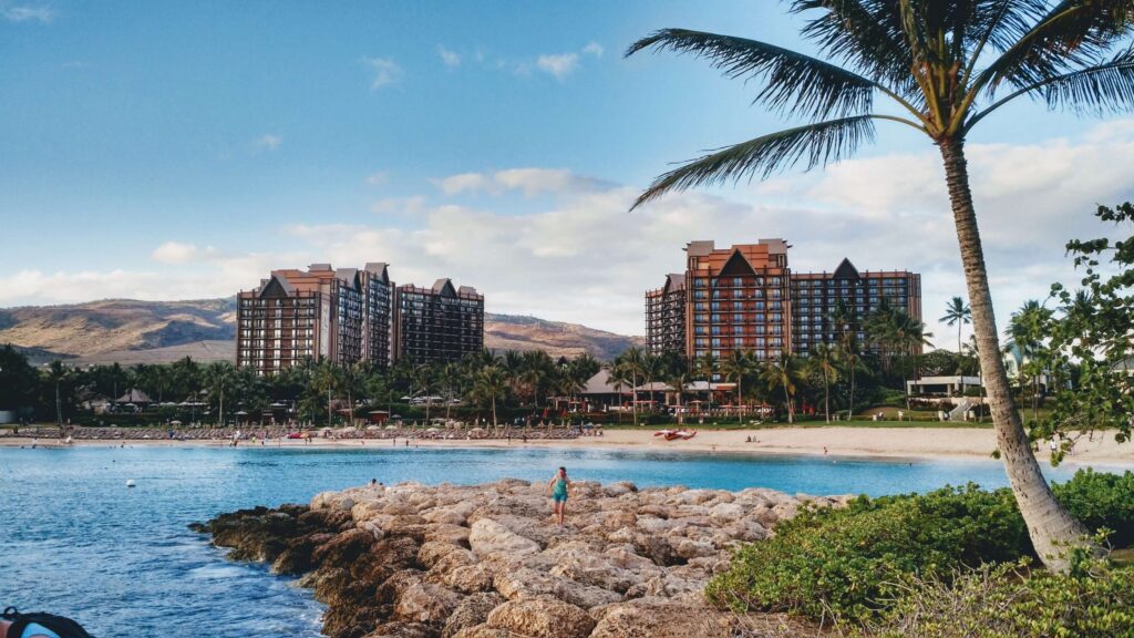 A coastal resort with two large, kid-friendly hotels surrounded by palm trees. A person stands on a rocky outcrop by the ocean, overlooking a sandy beach and calm blue water. The sky is clear with a few clouds.