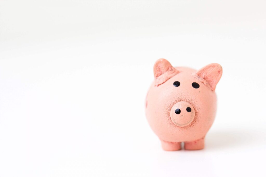 A small pink piggy bank with black eyes and a coin slot on its back takes center stage against a plain white background, ready to store the rewards from summer jobs for kids.