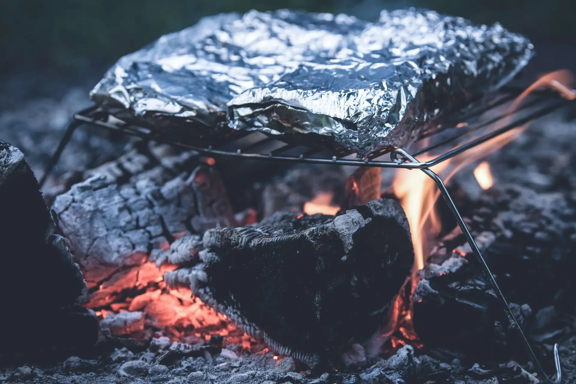 A close-up of an outdoor campfire with burning logs and glowing embers. Above the fire, easy campfire meals for the family are being cooked in foil on a metal grill rack. The setting appears to be a natural outdoor environment, perfect for camping.