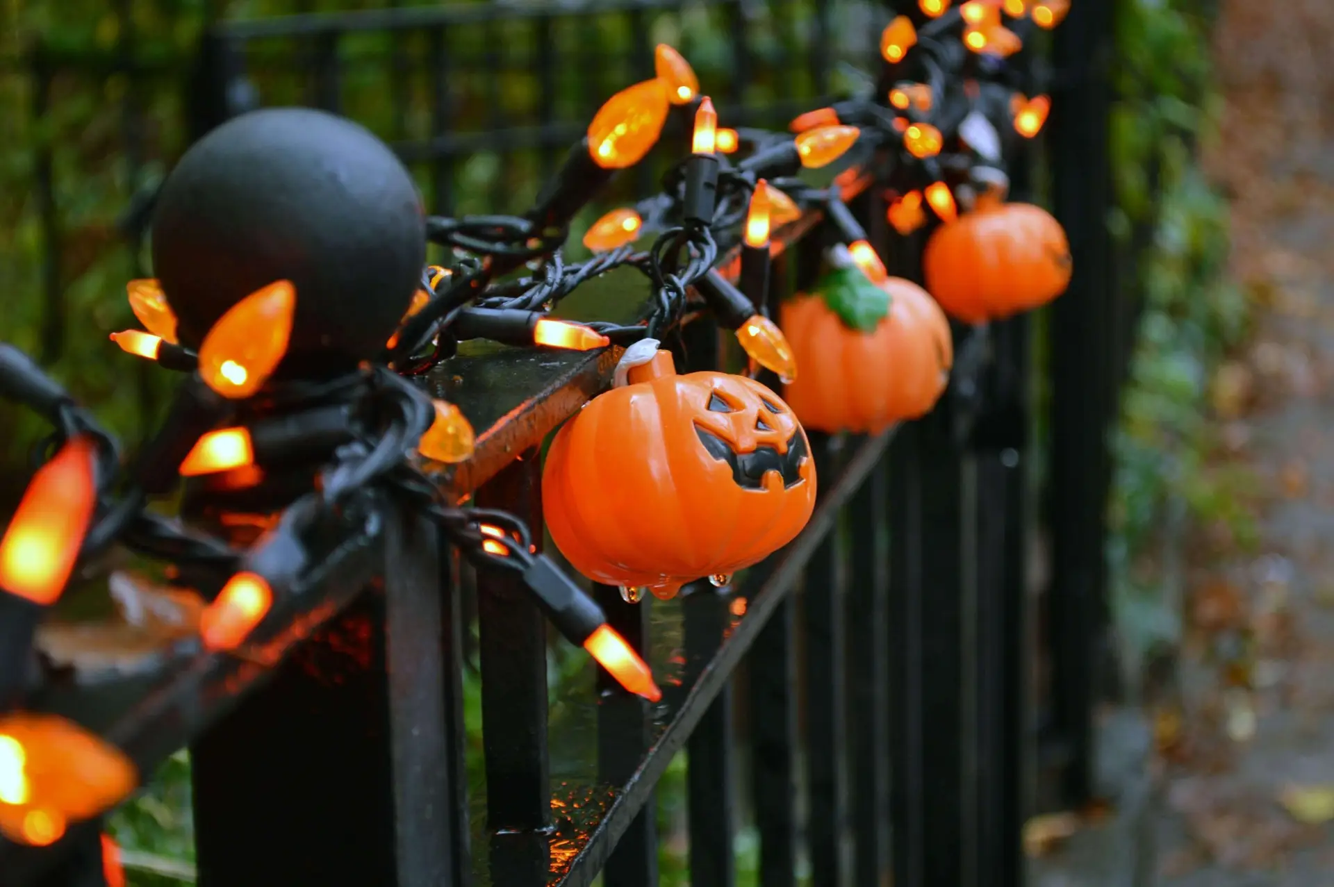 A row of small, orange jack-o-lantern decorations and glowing orange lights are strung along a black metal fence, adding a touch of hocus pocus magic to the festive Halloween atmosphere. The scene is set outdoors with a blurry background of greenery.