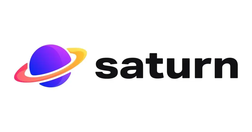 The Saturn App's logo features a stylized purple sphere with pink and yellow rings resembling Saturn, nestled beside the word "saturn" in bold black lowercase letters. The clean white background accentuates its modern design.