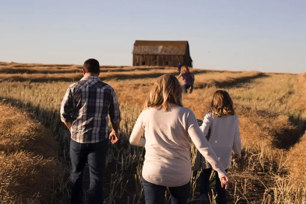 A group of four people, including two children and two adults, walks through a golden field towards an old, weathered barn. The sky is clear, illuminated by the warm late-afternoon sunlight. They're eager to enjoy fall festival activities waiting beyond the rustic doors.