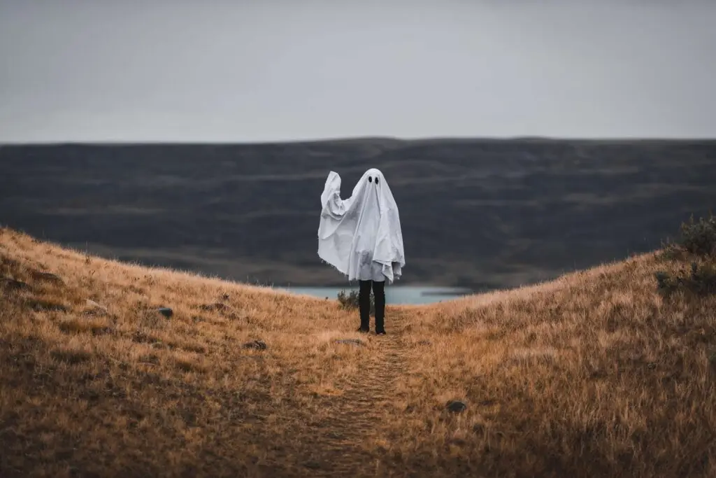 A person stands on a dry, grassy hill wearing a white sheet with two eye holes, resembling a ghost costume—a playful nod to Halloween safety tips. The background features a cloudy sky and distant dark hills, adding an eerie touch to the scene.