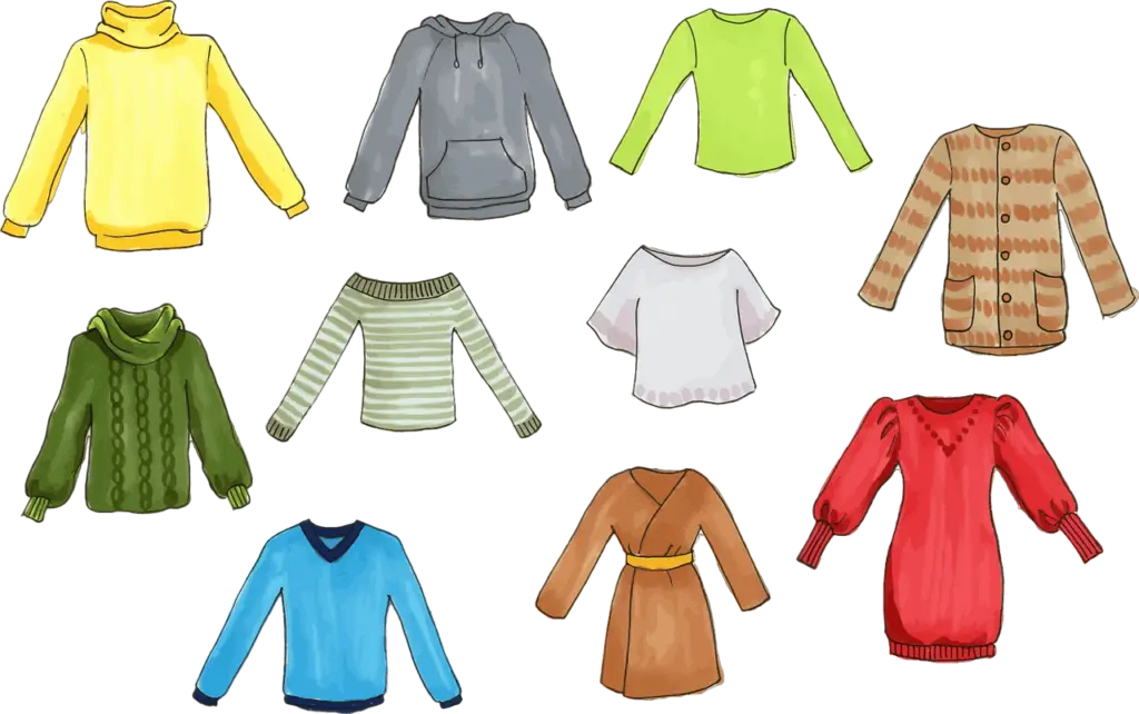 Illustrated variety of sweaters perfect for any festive occasion, including an ugly sweater Christmas party: yellow turtleneck, gray hoodie, lime green, beige cardigan with patterns, green cable knit, striped off-shoulder, white tee, blue V-neck, brown wrap dress, and red dress with puffed sleeves.