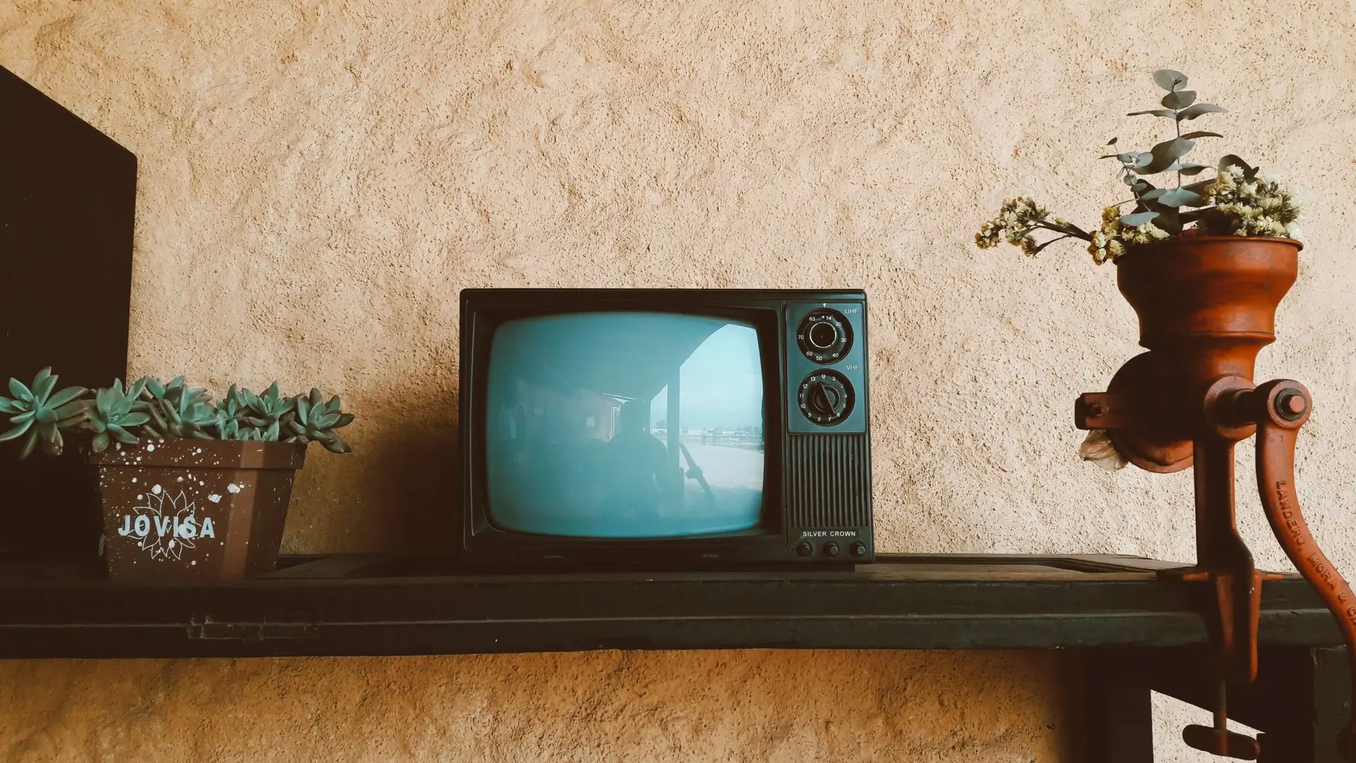 A vintage TV sits on a rustic shelf, perfect for screening winter movies for kids. It's flanked by a pot of succulents and a decorative metal grinder with foliage. The wall behind exudes warmth with its earthy texture.