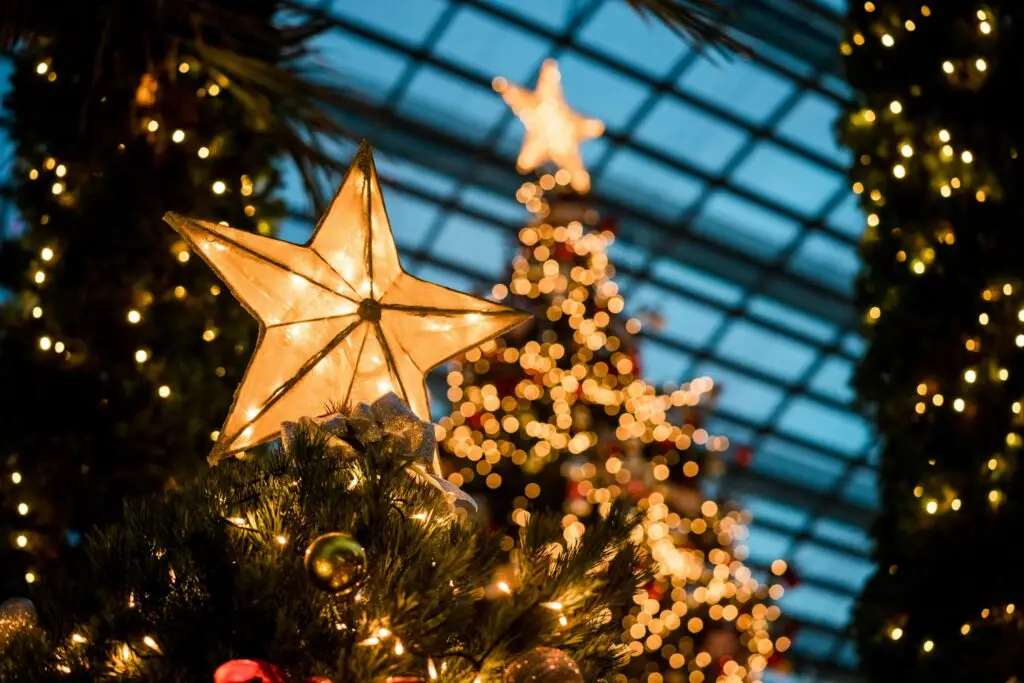 close up of christmas star on top of a christmas tree