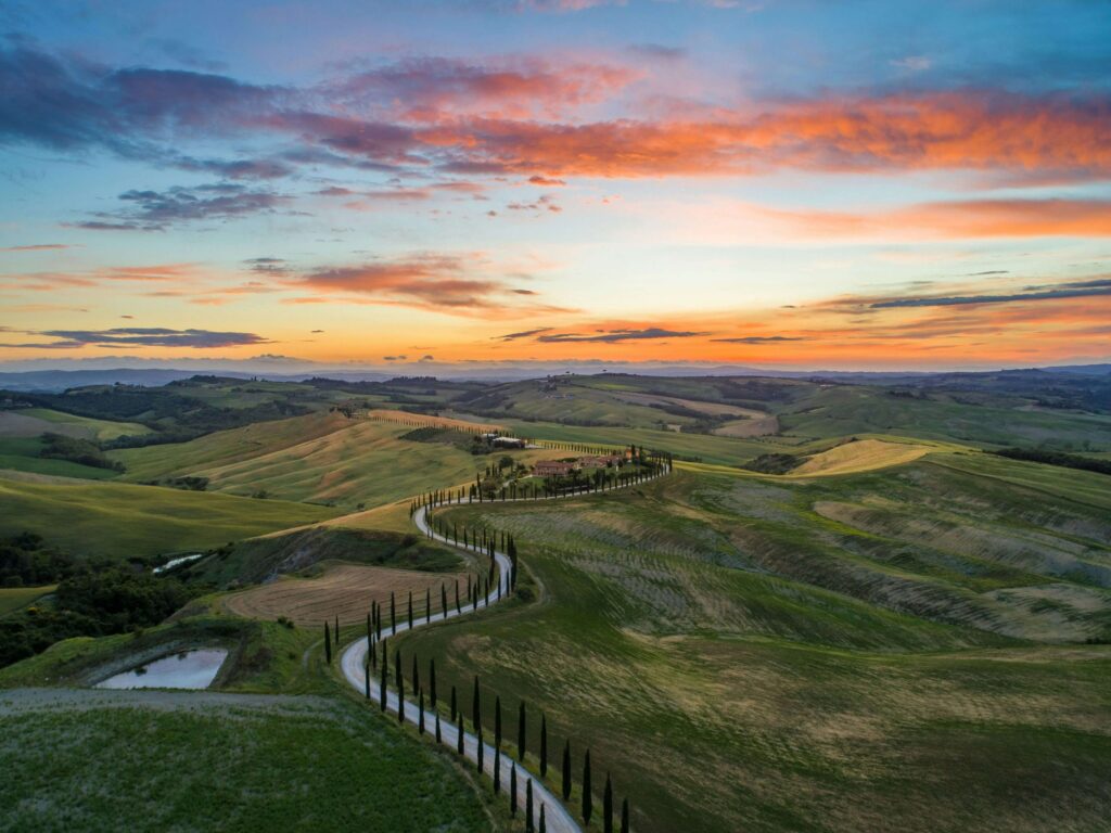 A winding road lined with trees snakes through a hilly landscape at sunset. The sky glows with vibrant shades of orange, pink, and blue, casting a warm light over the green and brown fields. Like fun facts about Christmas in Italy, this scene captures the serene beauty of tradition and nature.