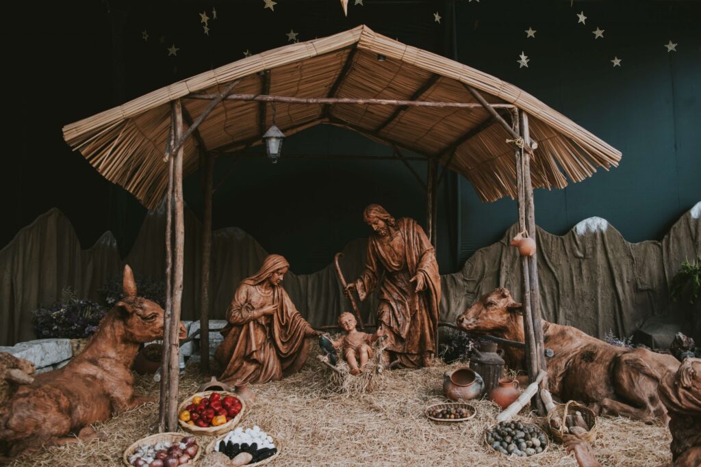 a wooden nativity scene