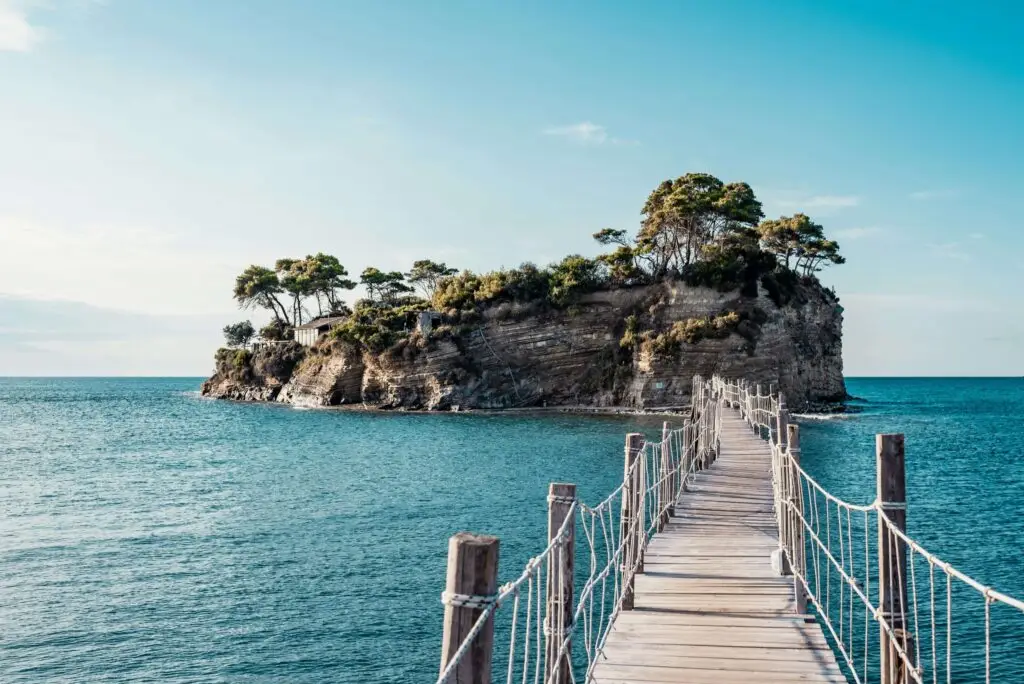 bridge over water leading to an island