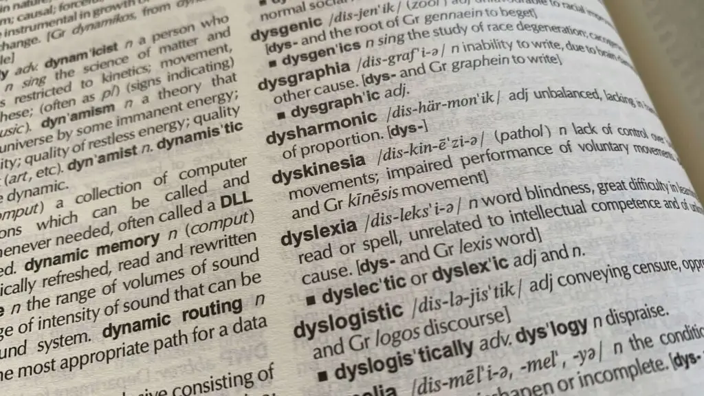 close up of dyslexia definition in a dictionary