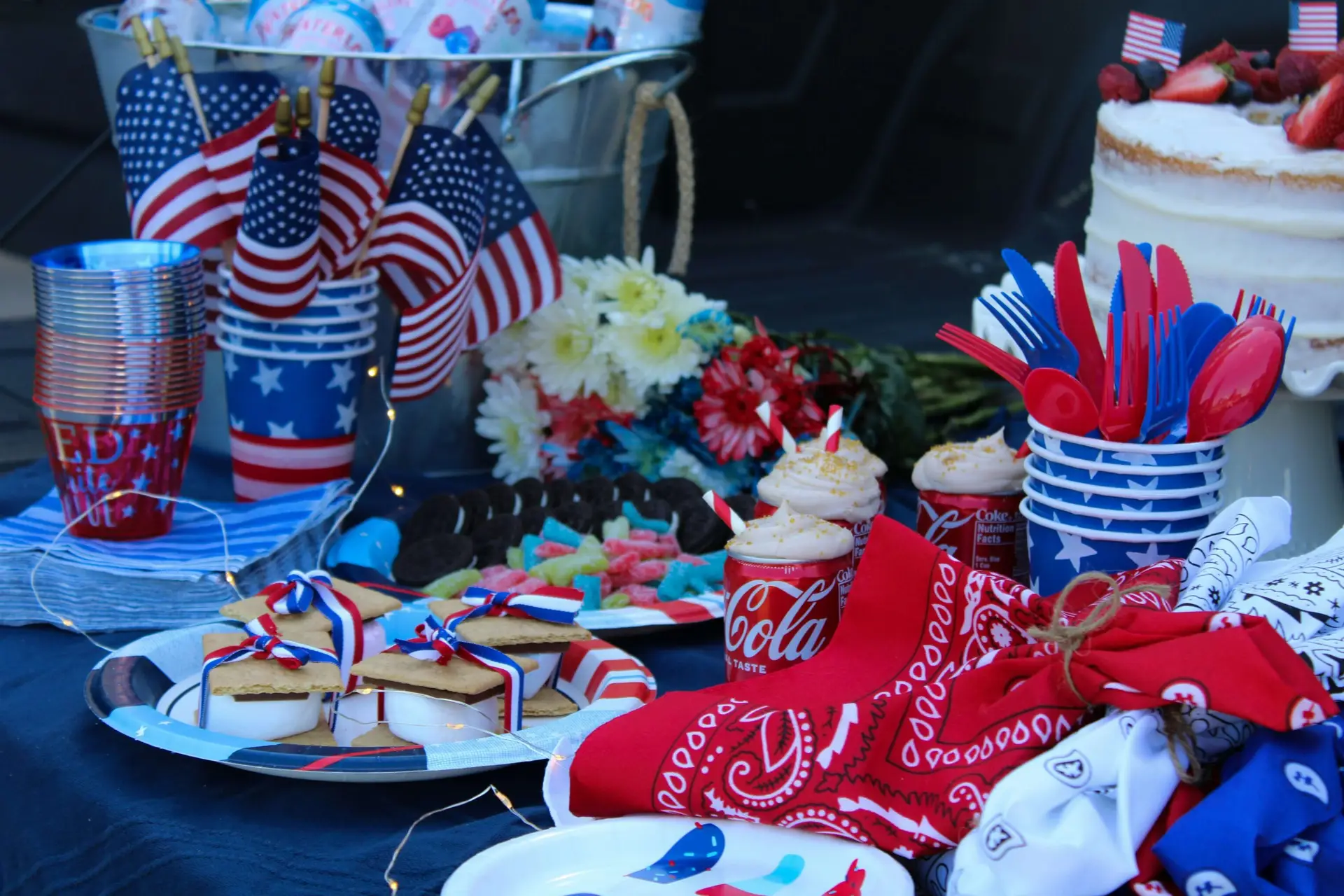 fourth of july themed desserts on a table