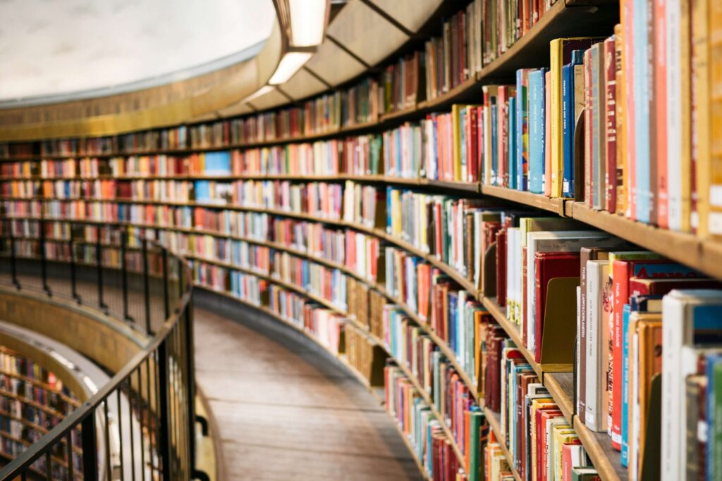 top level of library full of books