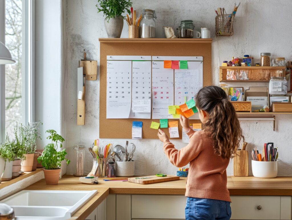 A woman stands in a kitchen, placing colorful sticky notes on a wall calendar above a wooden counter with plants, jars, and utensils—creating the perfect back to school organization hub. Shelves with kitchen items are also visible on the wall.