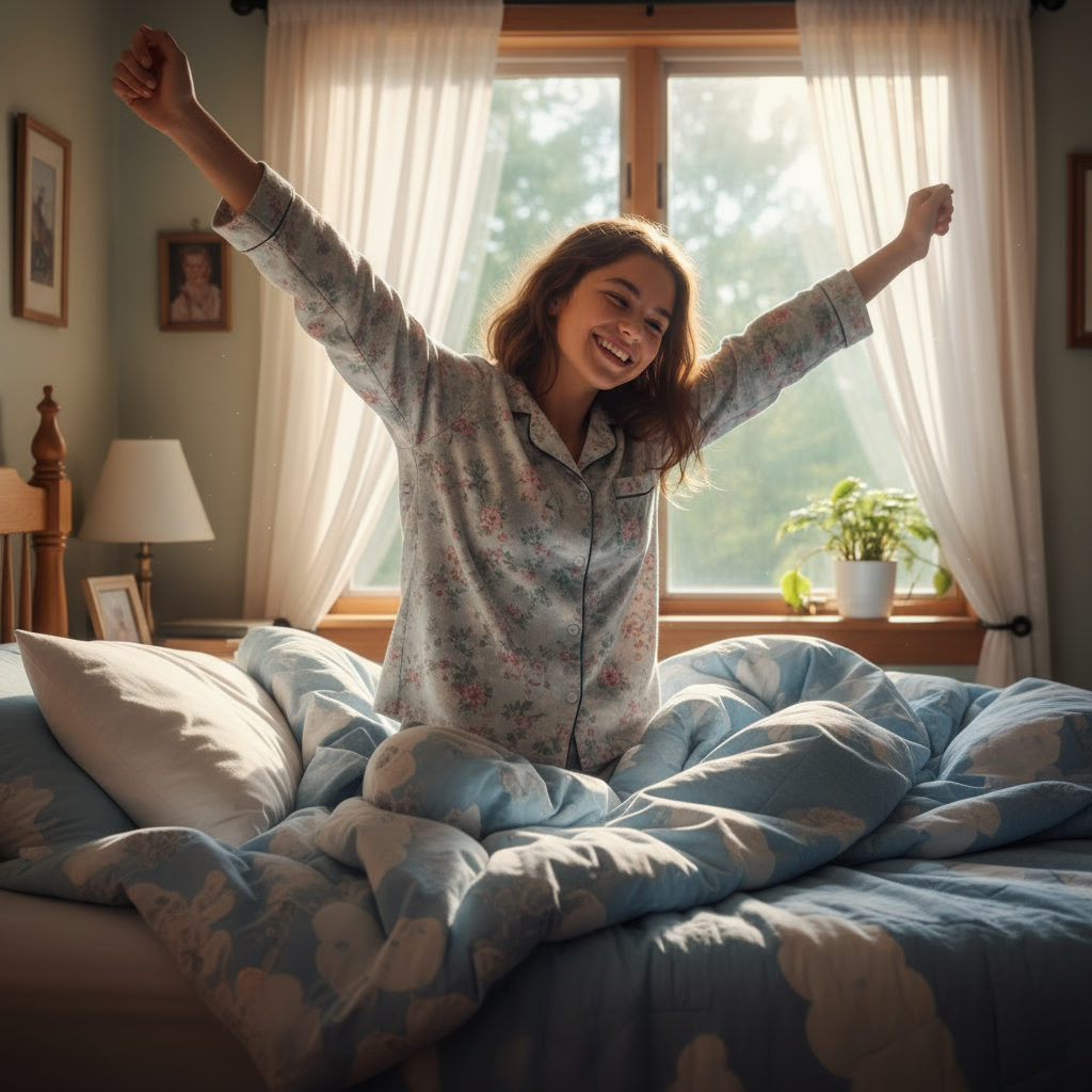 A smiling young woman in floral pajamas stretches cheerfully while sitting up in bed, sunlight streaming in and plants on the windowsill, creating a cozy morning atmosphere perfect for a refreshing start to back to school.