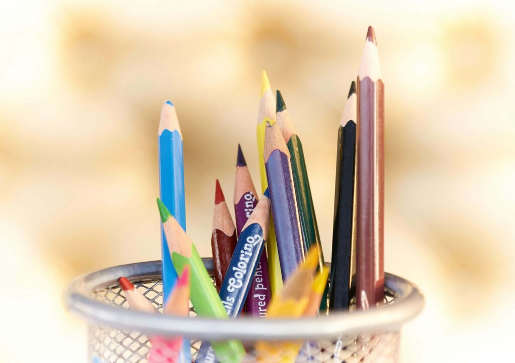 colored pencils in a pencil holder