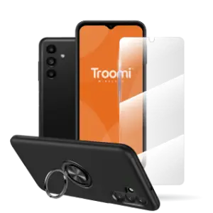 A smartphone with a Troomi screen, a protective case featuring a ring holder, and a screen protector are displayed. The phone has a black back with three camera lenses.