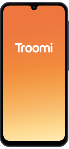 A smartphone displaying an orange gradient screen with the word Troomi in white text at the center.