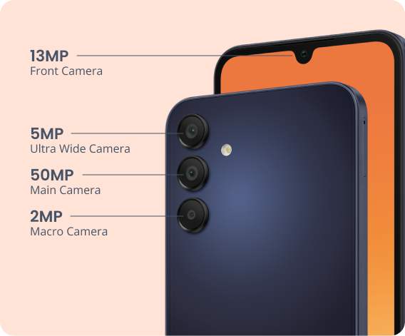 Smartphone image showing camera specifications. Front: 13MP. Rear: 50MP main, 5MP ultra-wide, 2MP macro cameras. Navy back with rounded edges and orange screen.