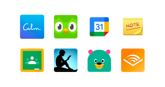 A grid of eight app icons on a black background, including Calm, Duolingo, Google Calendar, Google Keep, Google Classroom, a person reading under stars, Khan Academy Kids, and Audible.