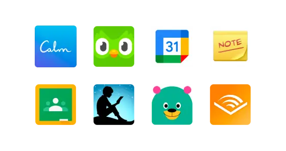 A grid of eight app icons on a black background, including Calm, Duolingo, Google Calendar, Google Keep, Google Classroom, a person reading under stars, Khan Academy Kids, and Audible.