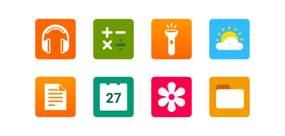 A grid of eight colorful app icons on a black background: headphones, calculator, flashlight, sun and cloud, document, calendar with 27, flower, and folder.