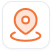 An icon with an orange location pin inside a rounded square with a black background and a white border.