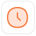 A simple clock icon with a white background and a black border. The clock face is pink with orange outlines, displaying the time as approximately 10:10.