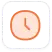 A simple clock icon with a white background and a black border. The clock face is pink with orange outlines, displaying the time as approximately 10:10.