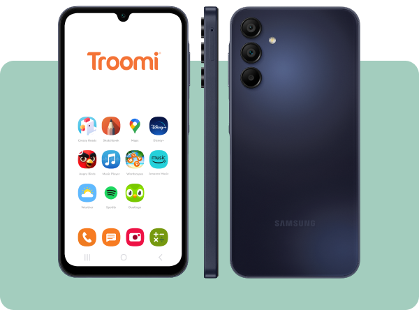 Front, side, and back views of a Samsung smartphone with a Troomi interface displayed. The screen shows various colorful app icons, including Disney+ and Spotify, on a white background. The phones back is dark blue with three cameras.