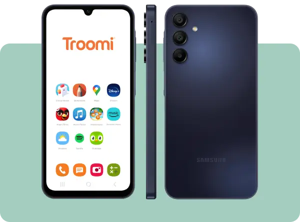 Front, side, and back views of a Samsung smartphone with a Troomi interface displayed. The screen shows various colorful app icons, including Disney+ and Spotify, on a white background. The phones back is dark blue with three cameras.