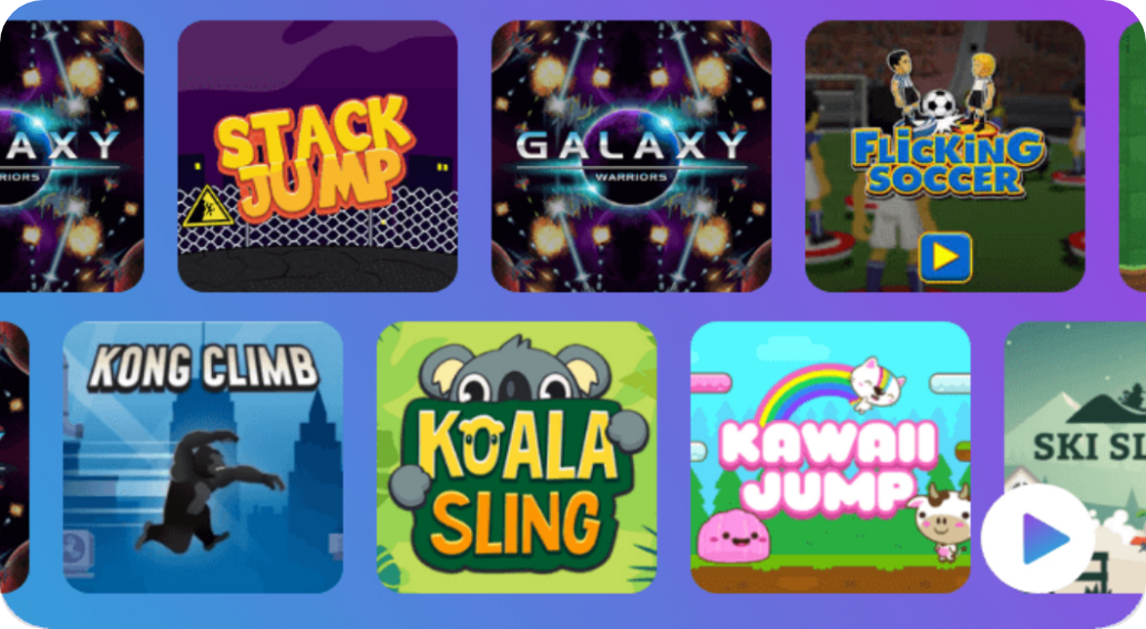 A grid of colorful game icons featuring titles like Stack Jump, Galaxy Warriors, Flicking Soccer, Kong Climb, Koala Sling, Kawaii Jump, and Ski Sim. Each icon displays unique graphics related to the games theme.