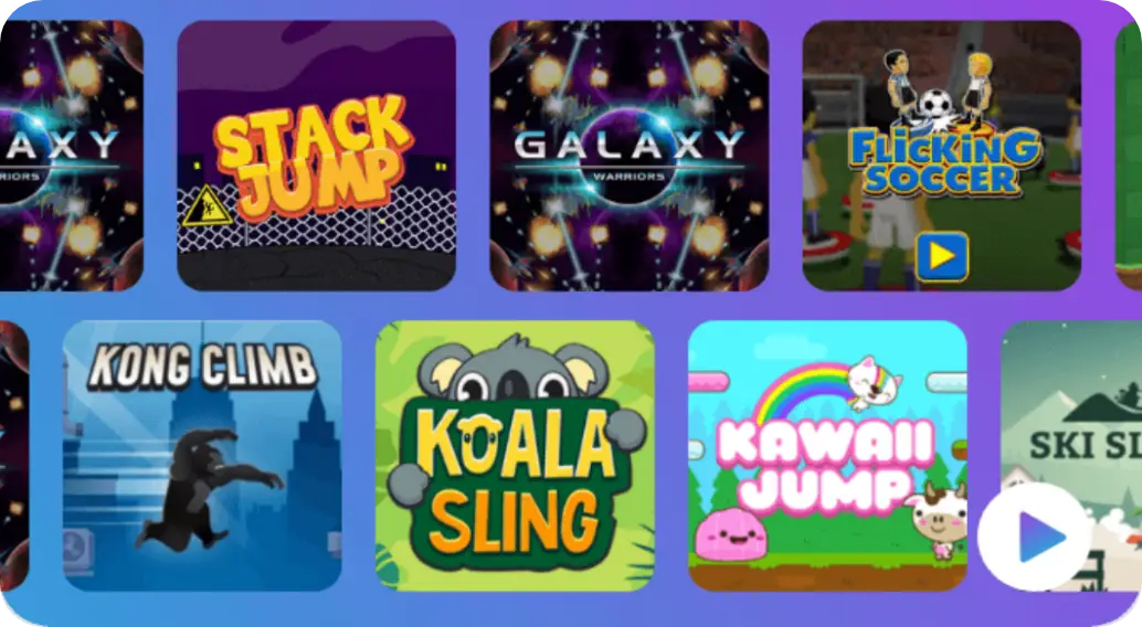 A grid of colorful game icons featuring titles like Stack Jump, Galaxy Warriors, Flicking Soccer, Kong Climb, Koala Sling, Kawaii Jump, and Ski Sim. Each icon displays unique graphics related to the games theme.