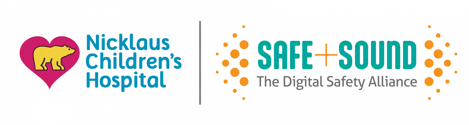 Logo featuring a pink heart with a yellow bear and the text Nicklaus Childrens Hospital on the left. On the right, it reads SAFE + SOUND The Digital Safety Alliance with orange dots surrounding the words.