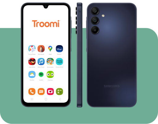 Three views of a smartphone with Troomi on the screen, showing various app icons. The phone is dark-colored, displayed from the front, side, and back on a green background.