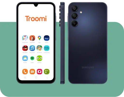 Three views of a smartphone with Troomi on the screen, showing various app icons. The phone is dark-colored, displayed from the front, side, and back on a green background.