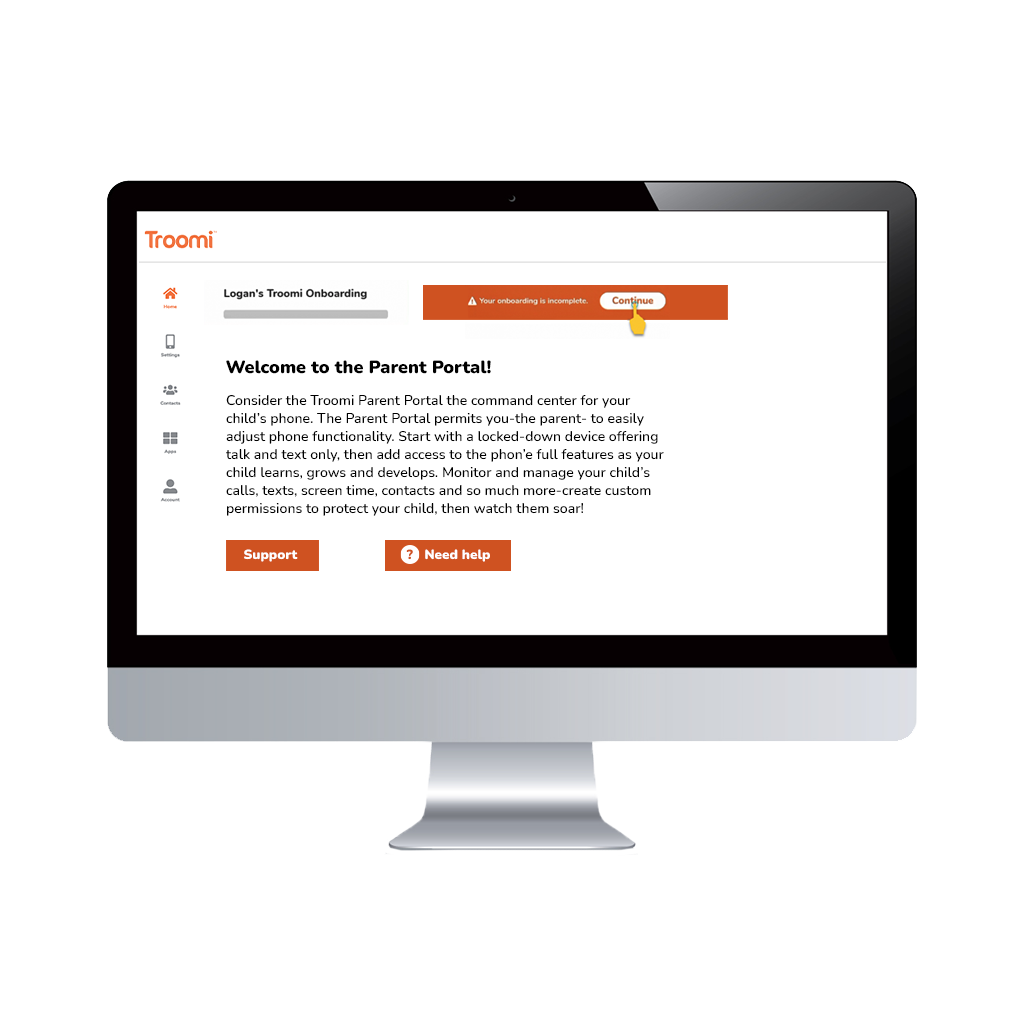A computer monitor displays a webpage titled Logans Troomi Onboarding. The screen features a Continue button highlighted by a yellow circle. Below is text describing the Parent Portal, with red Support and Need help buttons.