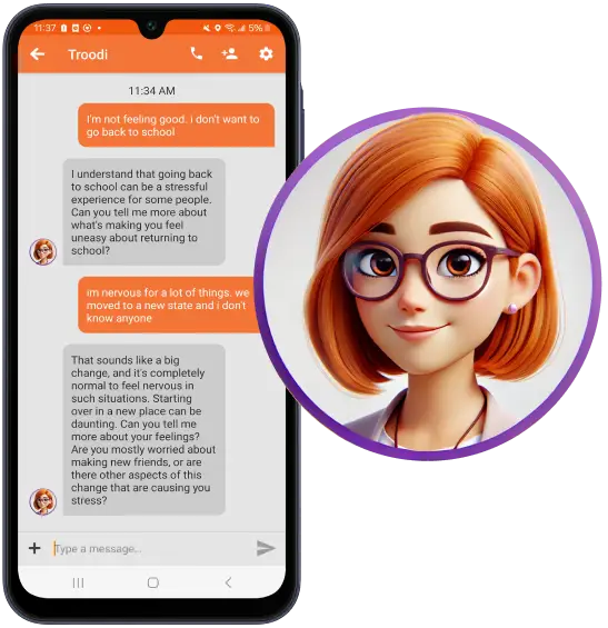 A smartphone screen displays a chat with Troodi, an avatar with short red hair and glasses. The conversation is about back-to-school stress, discussing feelings of nervousness and adjustment to a new place.